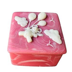 VTG Trinket Jewelry Box Lid 2.375 Inch Incolay Square Teddy Bear Balloons‎ Pink
